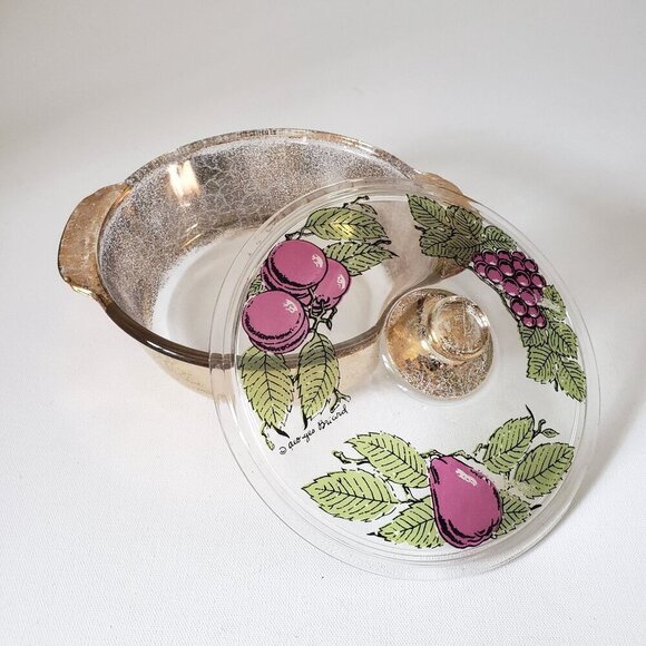 Anchor Hocking 2QT Covered Casserole MCM Georges Briard Gold  Fruit Rustic Retro - Picture 10 of 10